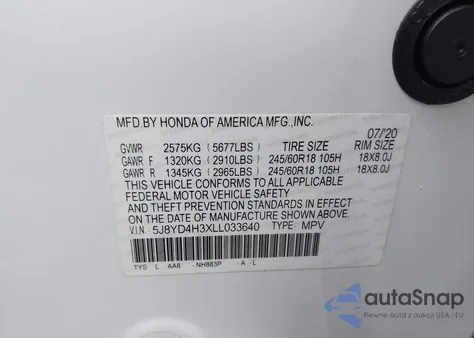 2020 Acura Mdx Standard from USA, damaged, VIN 5J8YD4H3XLL033640